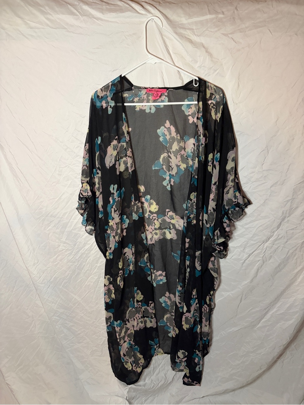 Betsey Johnson Sheer Floral Duster Kimono Ruffle Sleeve Black Sz Womens One Size